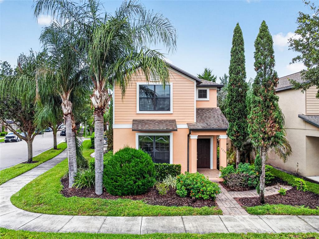 A two-story peach-colored house features a front yard with palm trees and a paved walkway — 7236 PENKRIDGE LANE, WINDERMERE, FL