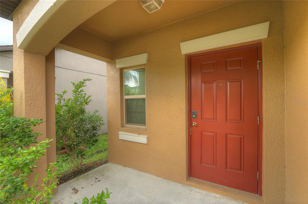 A covered concrete porch features a red front door and a single window — 7217 RONNIE GARDENS COURT, TAMPA, FL