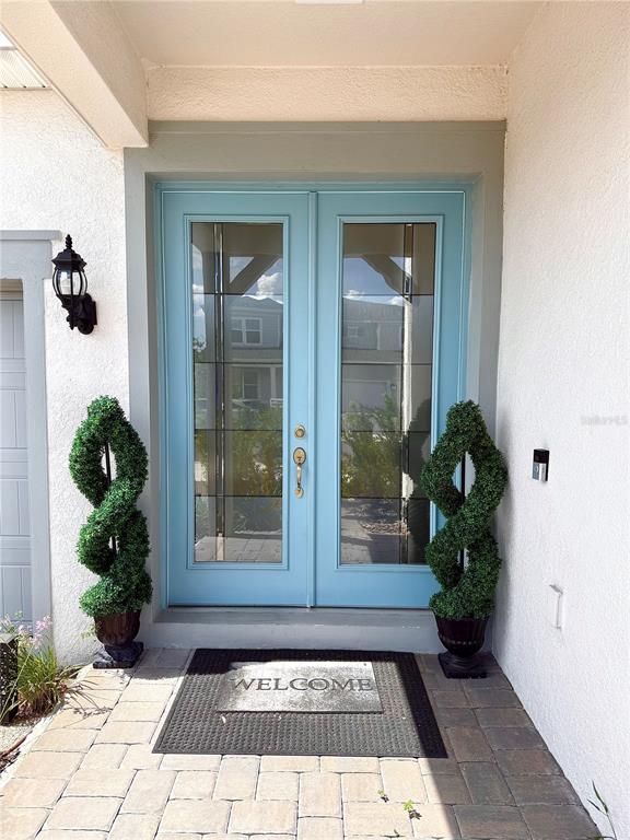 A light blue double front door with glass panels is flanked by two spiral topiary plants — 8441 PARK CLIFF WAY, ORLANDO, FL