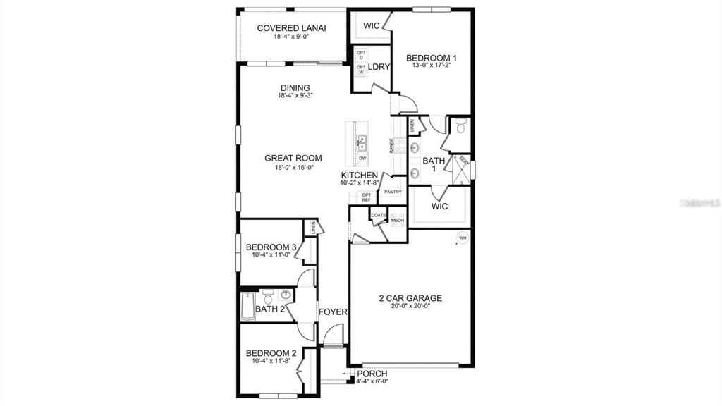 This is a floor plan for a single-story house with three bedrooms and a garage — 8033 PENROSE PLACE, WILDWOOD, FL