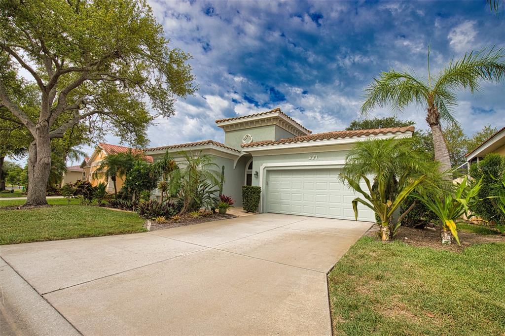 A single-story house with a light green exterior, a two-car garage, and a palm tree — 221 RIO TERRA, VENICE, FL
