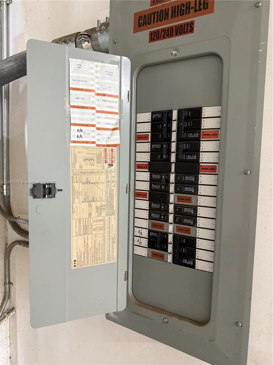 An open electrical service panel is mounted on a wall with labeled circuit breakers — 1870 NW 21 TERRACE, Miami FL 33142, MIAMI, FL