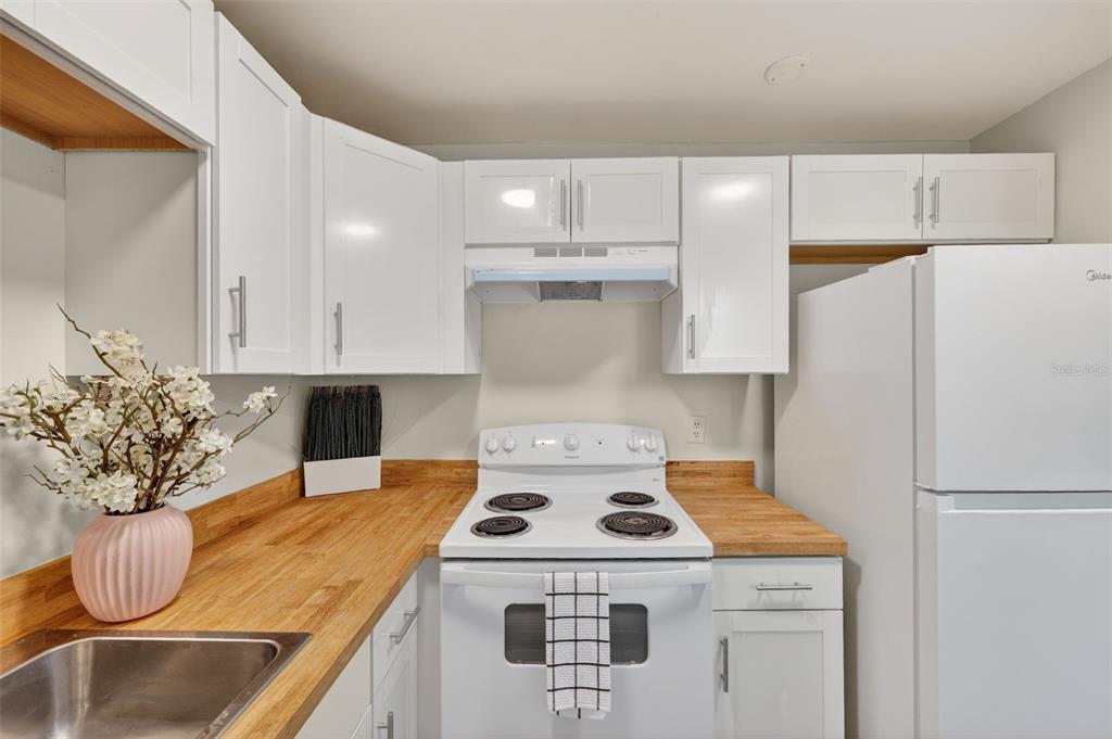 A kitchen features white cabinets, a wooden countertop, a white stove, and a white refrigerator — 11715 RAINTREE VILLAGE BOULEVARD UNIT A, TEMPLE TERRACE, FL