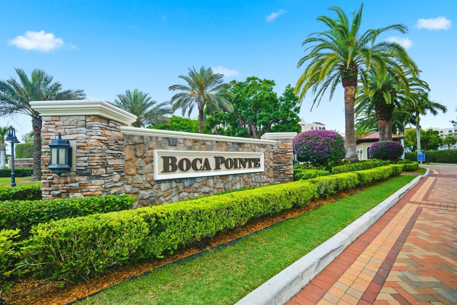 A stone monument sign for Boca Pointe stands beside a landscaped path and palm trees — 7331 Panache Way, Boca Raton FL 33433, BOCA RATON, FL