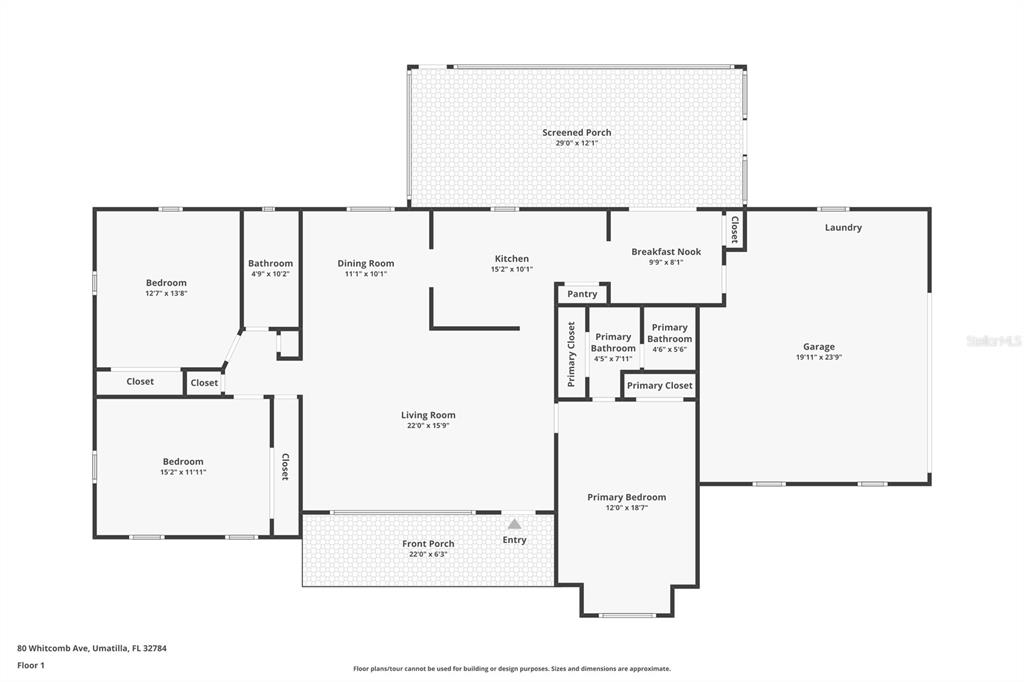 This is a floor plan for a single-story house with a garage and screened porch — 80 WHITCOMB AVENUE, UMATILLA, FL