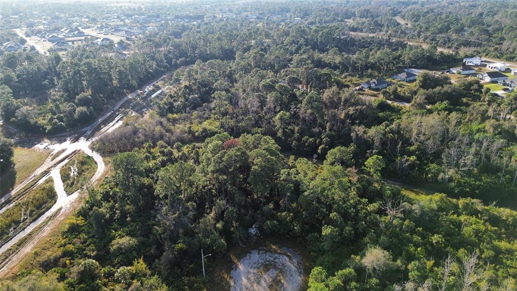 An aerial view shows a wooded lot with a dirt path and nearby residential houses — 616 LOMBARDY COURT, LEHIGH ACRES, FL