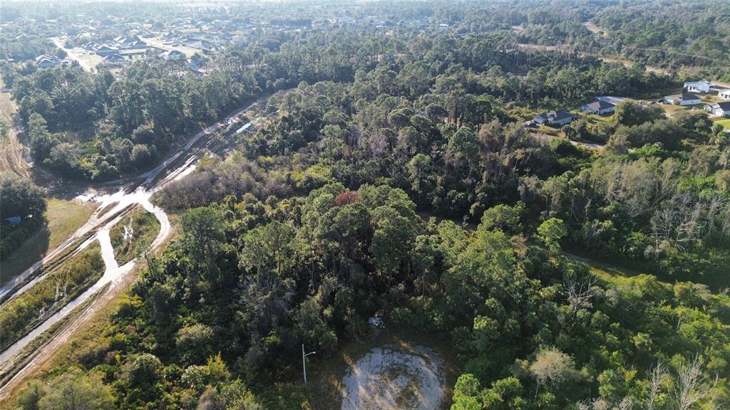 An aerial view shows a wooded lot with a cleared circular area and nearby residential streets — 616 LOMBARDY COURT, LEHIGH ACRES, FL