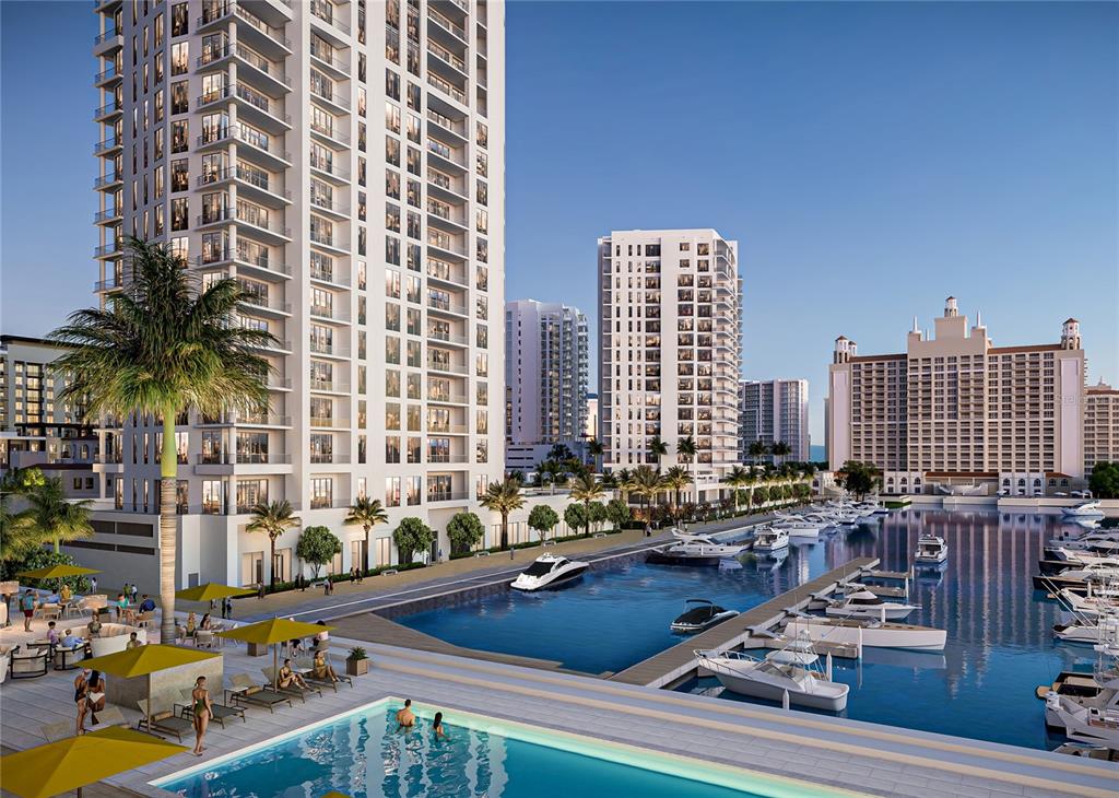 This is a rendering of a luxury waterfront high-rise complex with a pool and marina — 555 QUAY CMNS UNIT 1402, SARASOTA, FL
