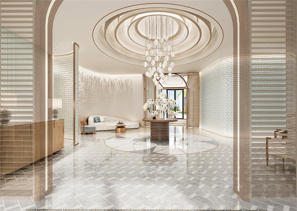 This rendering shows a luxury lobby with a circular ceiling, chandelier, and marble flooring — 555 QUAY CMNS UNIT 1402, SARASOTA, FL