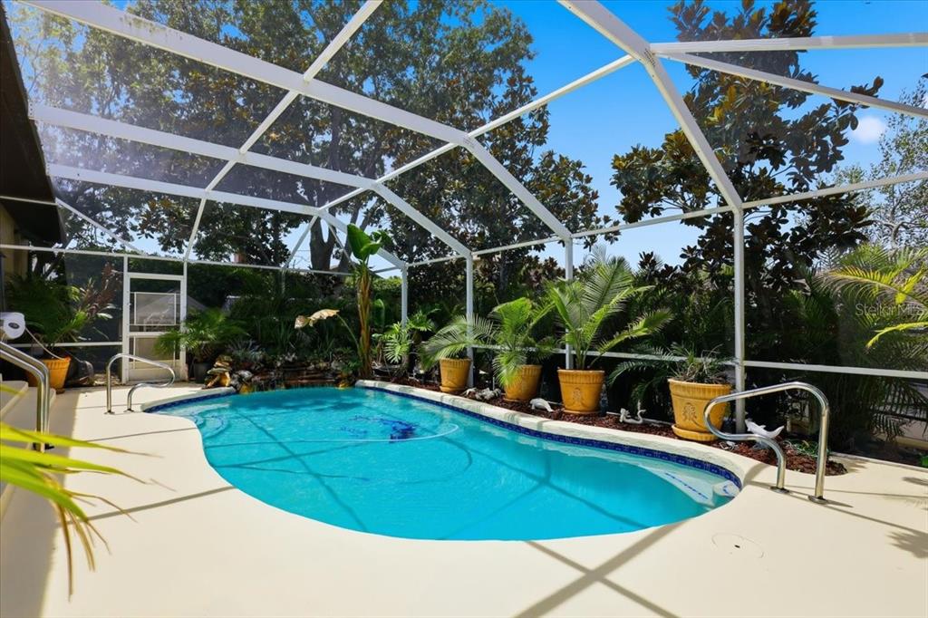 A swimming pool with a screen enclosure surrounded by potted plants and trees — 25 COTTONWOOD COURT, PALM COAST, FL