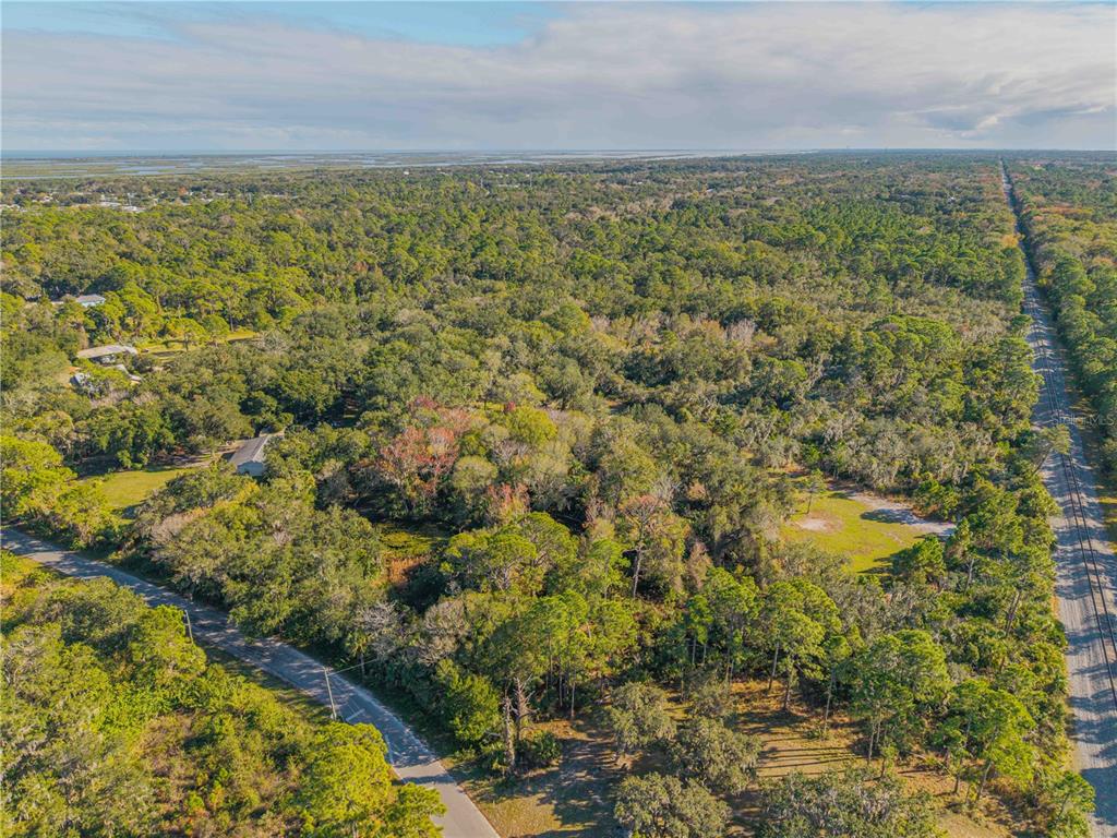 An aerial view shows a wooded lot bordered by a road and a power line corridor — 480 CLINTON CEMETERY ROAD, EDGEWATER, FL