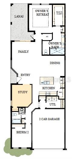 This is a floor plan for a single-story home featuring two bedrooms, a study, and a garage — 2808 MARRAKESH LANE, SARASOTA, FL
