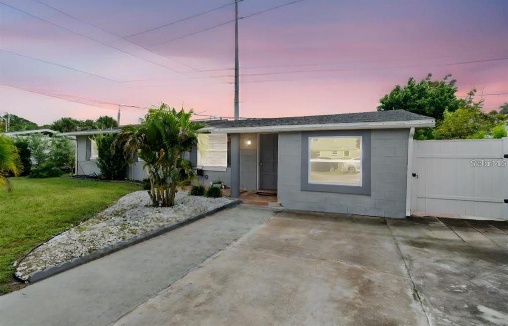 A single-story gray concrete block house with a concrete driveway and a small palm tree — 3906 DOANE STREET, ORLANDO, FL