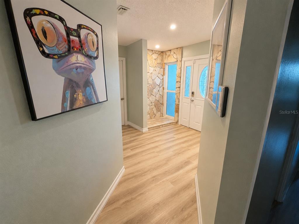 An entryway features light wood-look flooring, a stone accent wall, and a framed frog painting — 11214 ROLLINGWOOD DRIVE, PORT RICHEY, FL