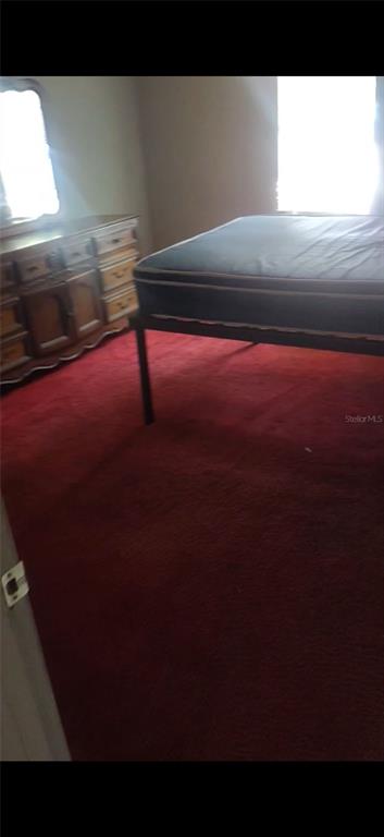 A bedroom features red carpeting, a metal bed frame with a mattress, and a wooden dresser — 1124 ALABAMA STREET, TALLAHASSEE, FL