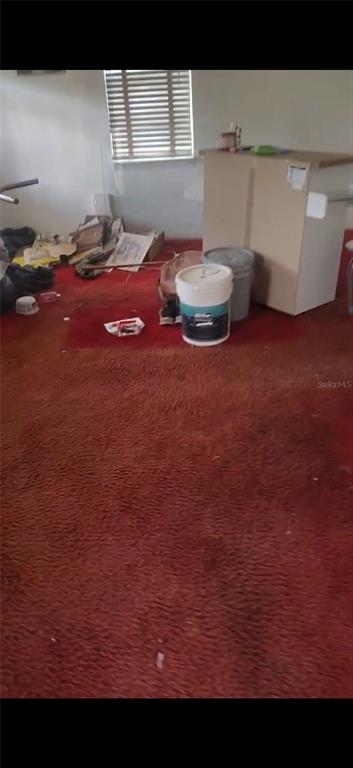 A room with red carpeting, a window with blinds, and various items including paint buckets — 1124 ALABAMA STREET, TALLAHASSEE, FL