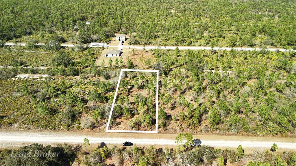 An aerial view shows a rectangular vacant lot outlined in white along a dirt road — 1020 PORTULACA DRIVE, INDIAN LAKE ESTATES, FL