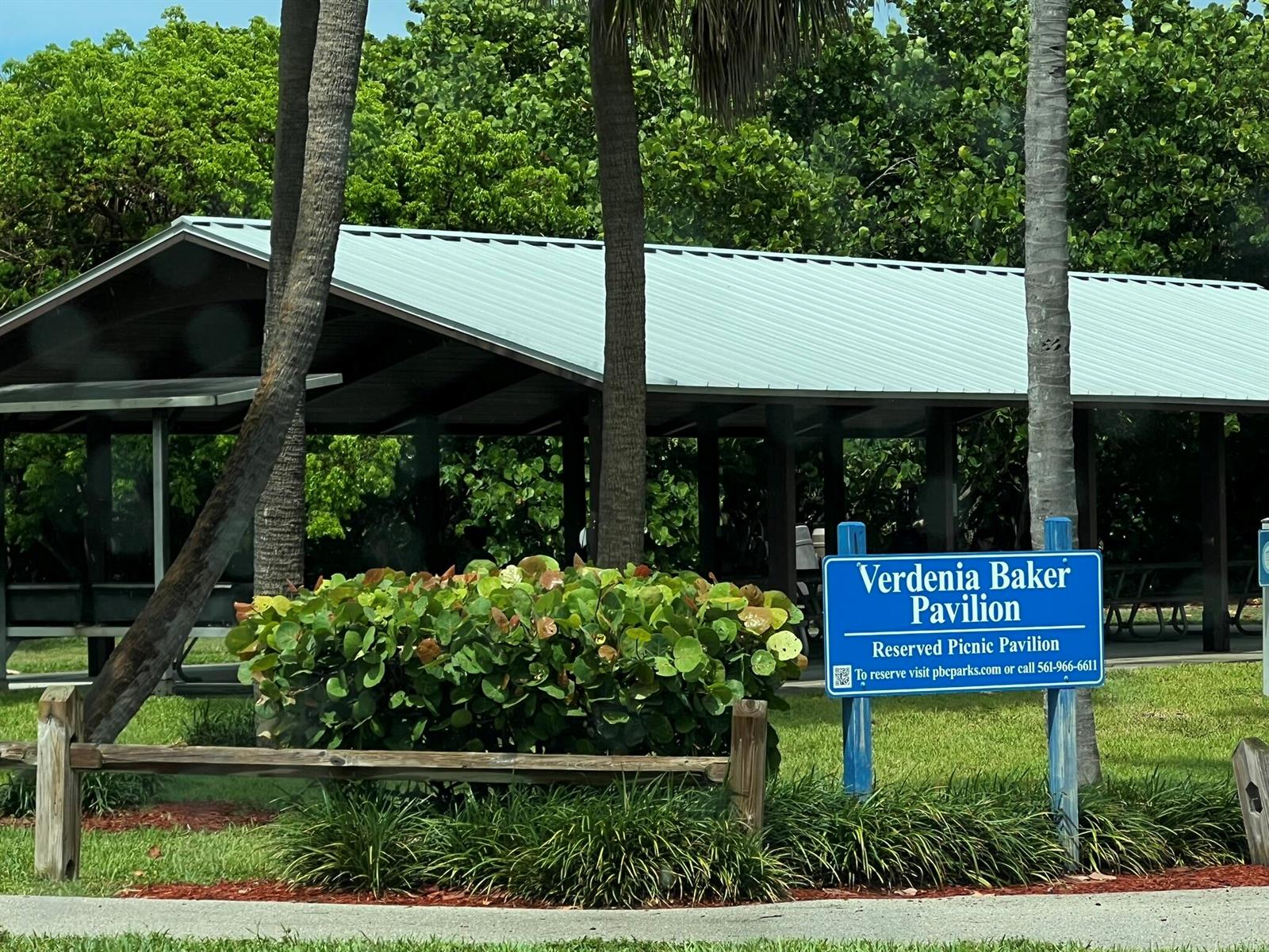 A blue sign identifies the Verdenia Baker Pavilion in front of a covered outdoor picnic area — 1260 Manor Drive, Riviera Beach FL 33404, RIVIERA BEACH, FL