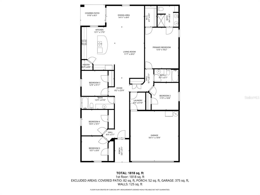 This floor plan shows a five-bedroom, two-bathroom home with a garage and covered patio — 6936 CRESTED ORCHID DRIVE, BROOKSVILLE, FL