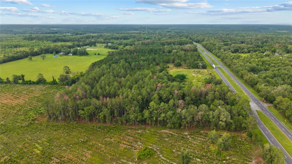 An aerial view shows a wooded lot adjacent to a highway and open fields — NE US HIGHWAY 301, HAWTHORNE, FL