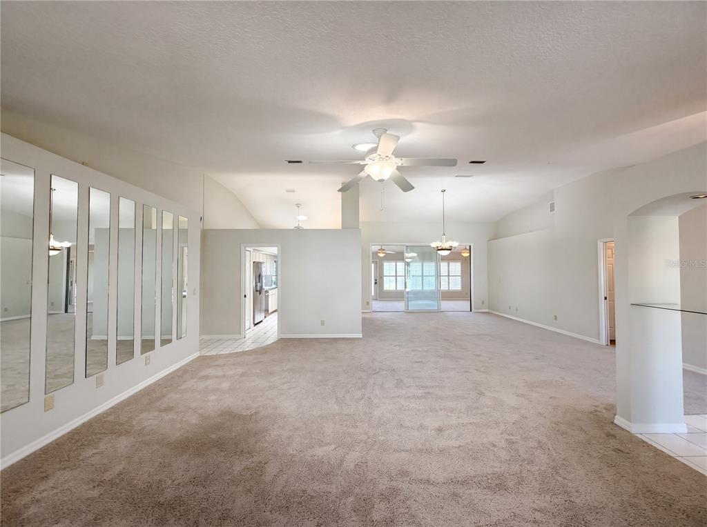A spacious living room features beige carpeting, a mirrored wall, and a vaulted ceiling — 27305 RACQUET CIRCLE, LEESBURG, FL