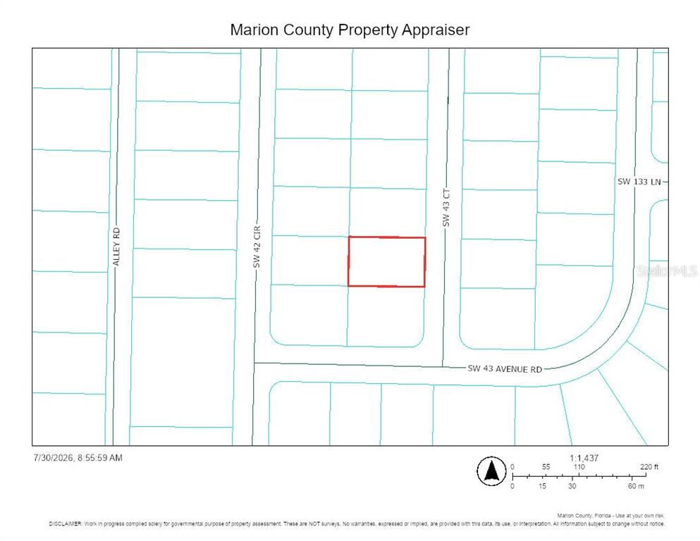 This is a property tax map showing a highlighted parcel of land — SW 43RD COURT UNIT 7, OCALA, FL