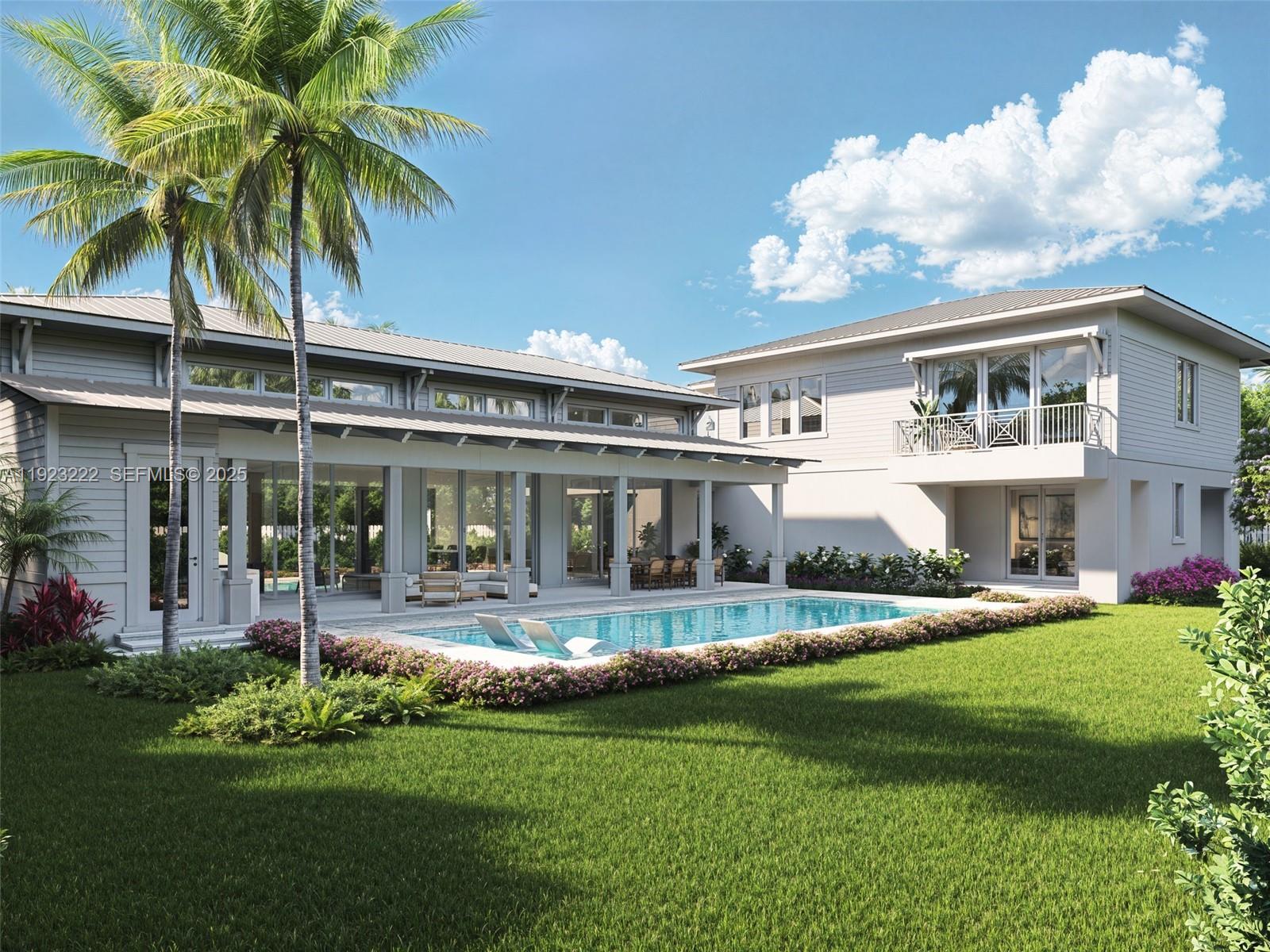 This is a rendering of a modern two-story house with a pool and backyard — 6990 SW 91st St, Pinecrest FL 33156, PINECREST, FL
