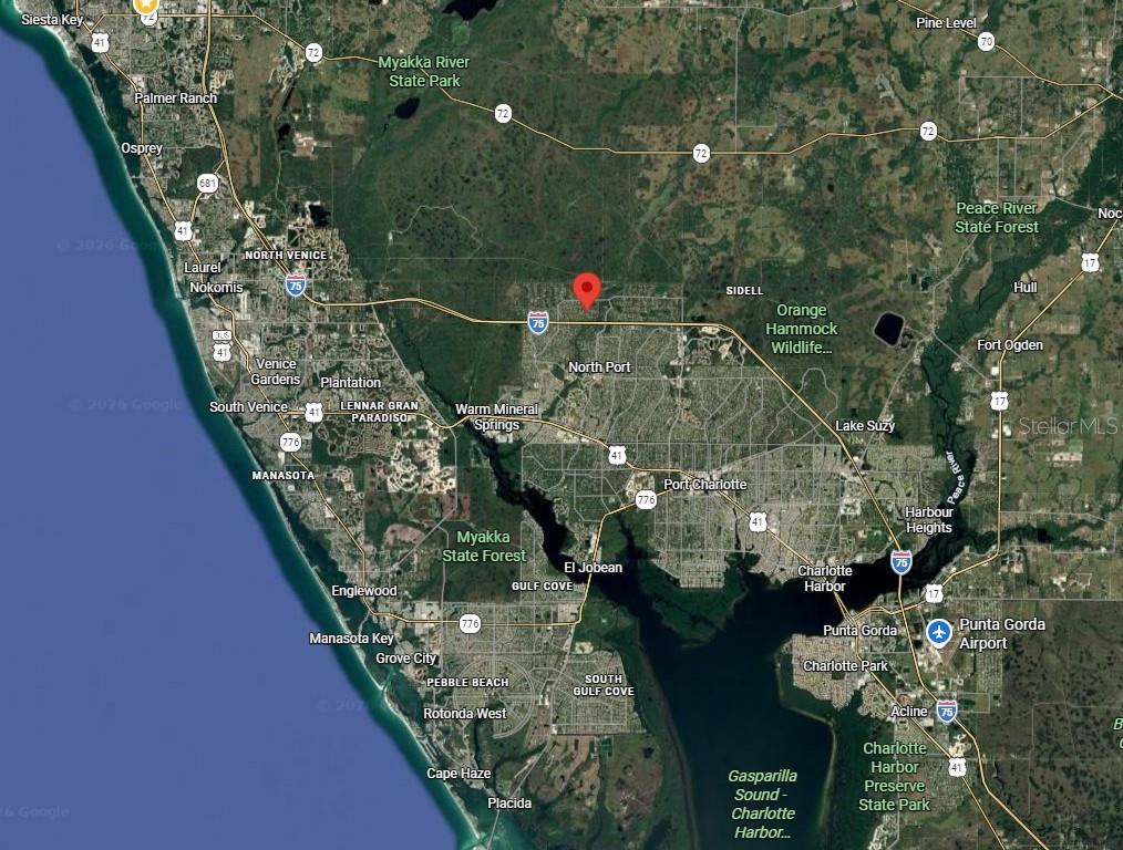 This is a satellite map showing the North Port and Port Charlotte area in Florida — Lot 36 GALAMBOS STREET, NORTH PORT, FL