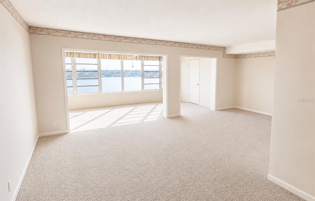 A carpeted living room features a large window wall with a view of the water — 1847 SHORE DRIVE S UNIT 710, SOUTH PASADENA, FL