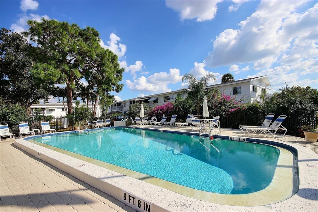 A rectangular swimming pool with lounge chairs and patio furniture sits in front of apartments — 1631 LEISURE DRIVE UNIT M36, BRADENTON, FL