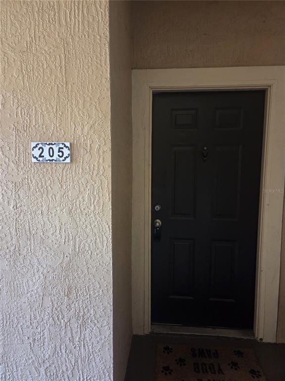 A dark-colored door with a number 205 sign is set into a textured beige wall — 5566 METROWEST BOULEVARD UNIT 2-205, ORLANDO, FL