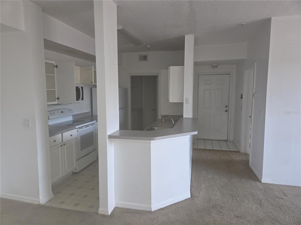 A kitchen with white cabinets, a breakfast bar, and carpeted flooring in the adjacent area — 5566 METROWEST BOULEVARD UNIT 2-205, ORLANDO, FL