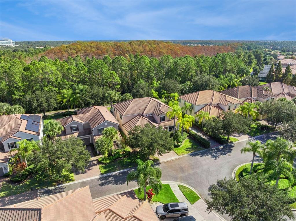 An aerial view shows several suburban houses with tile roofs surrounded by trees and landscaping — 7991 ESTA LANE, ORLANDO, FL