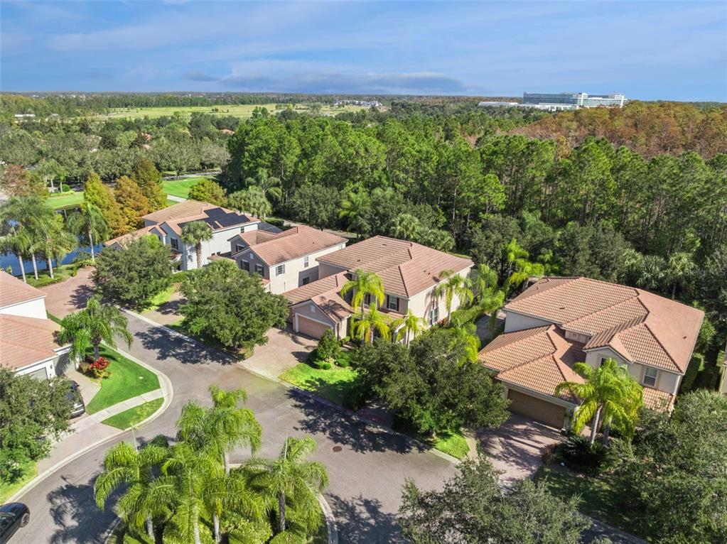 An aerial view shows several suburban houses with tiled roofs surrounded by trees and landscaping — 7991 ESTA LANE, ORLANDO, FL