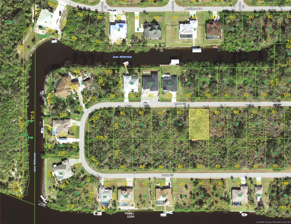 This is a satellite map showing residential lots, streets, and a waterway — 13328 PALAU CIRCLE, PORT CHARLOTTE, FL