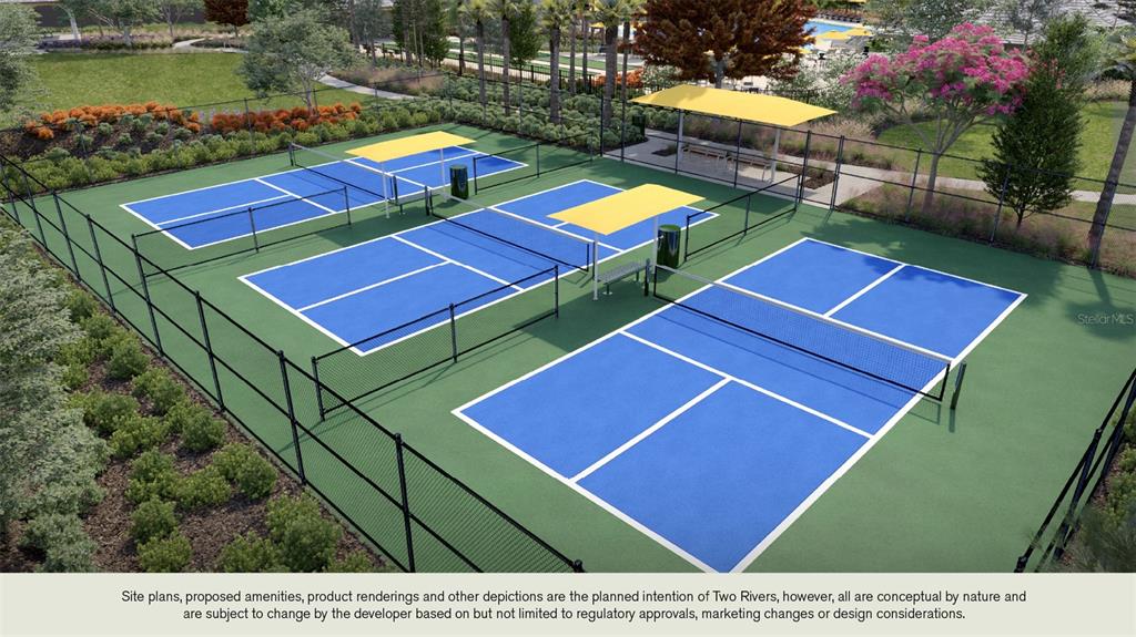 This is a rendering of an outdoor pickleball court complex with shaded seating areas — 36659 THORNHEDGE DRIVE, ZEPHYRHILLS, FL