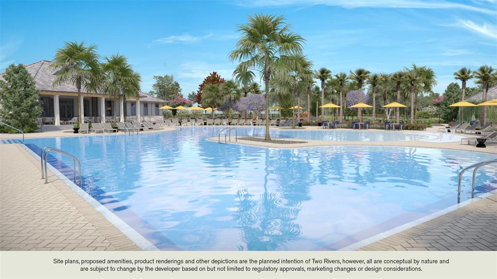 This is a rendering of a large outdoor swimming pool with lounge chairs and palm trees — 36659 THORNHEDGE DRIVE, ZEPHYRHILLS, FL