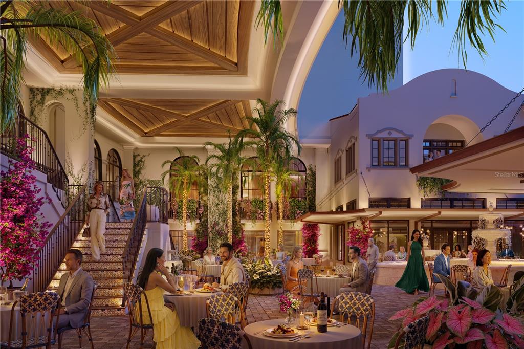 A rendering of an upscale outdoor restaurant patio with a grand staircase and palm trees — 65 S PALM AVENUE UNIT 804, SARASOTA, FL