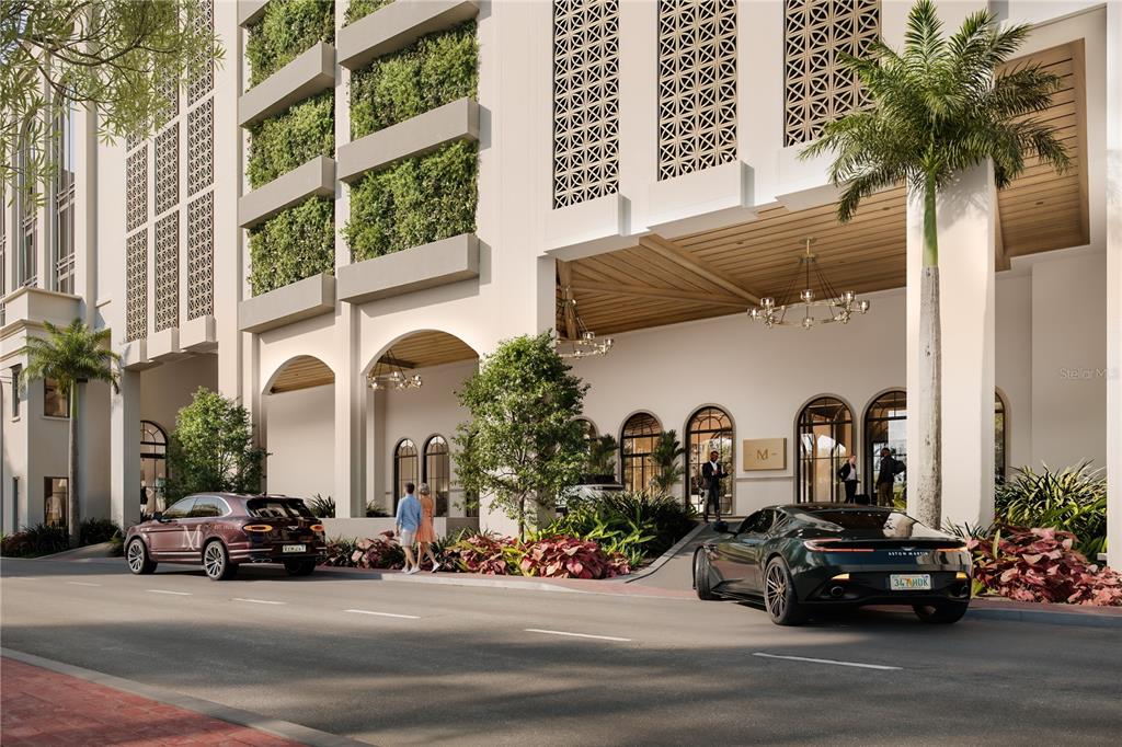 This architectural rendering shows the exterior entrance of a modern building with luxury cars parked — 65 S PALM AVENUE UNIT 804, SARASOTA, FL