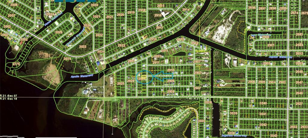 This is a map showing residential lots and waterways in a suburban neighborhood — 1475 BATAN STREET, PORT CHARLOTTE, FL