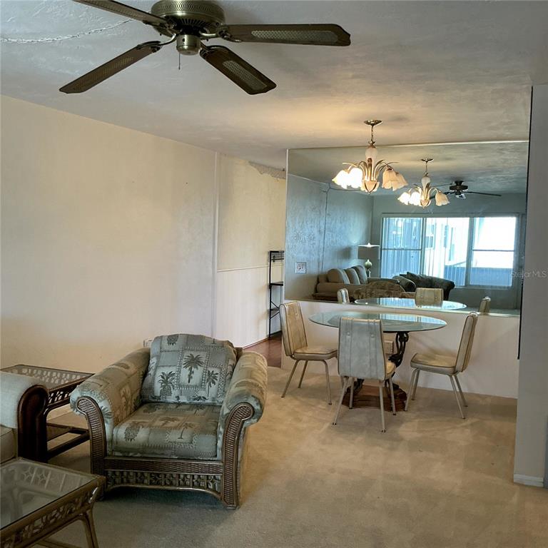 A living and dining area features a ceiling fan, carpeted floors, and a large wall mirror — 4300 58TH STREET N UNIT 1913, KENNETH CITY, FL