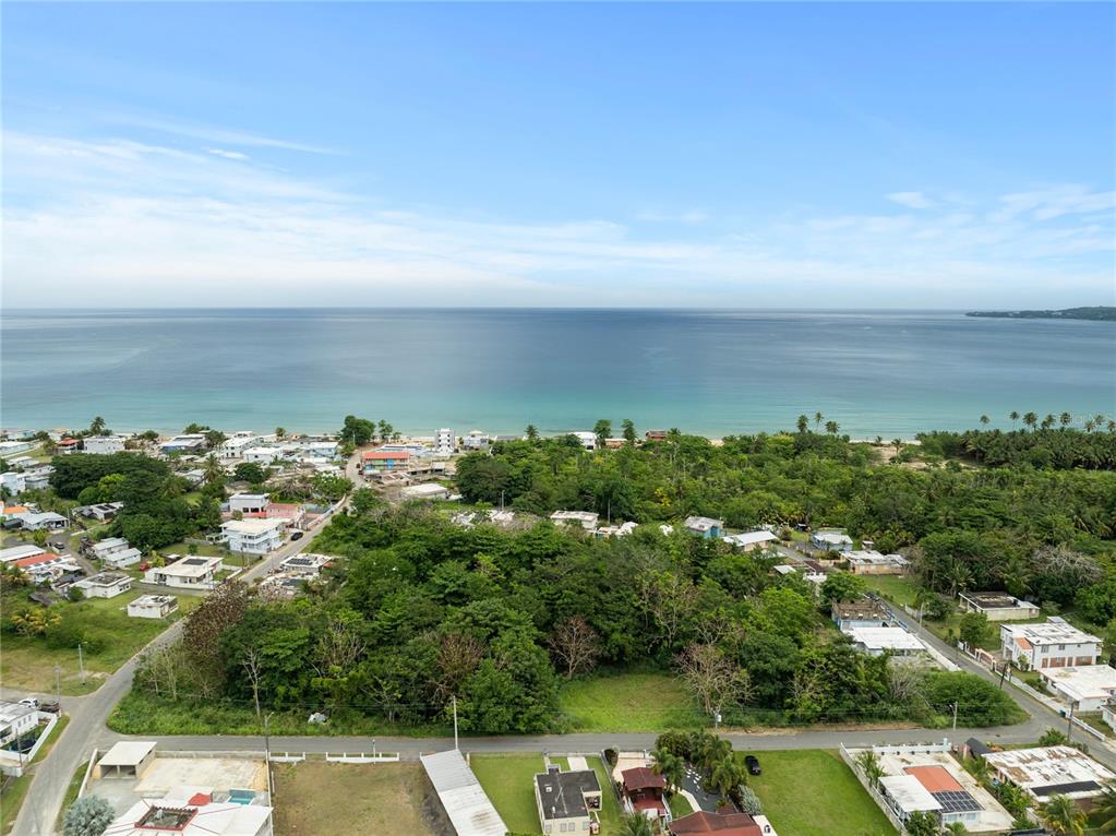 An aerial view shows a coastal neighborhood with houses, dense trees, and the ocean — PR-442 CORNER MUNICIPAL STREET, AGUADA, PR