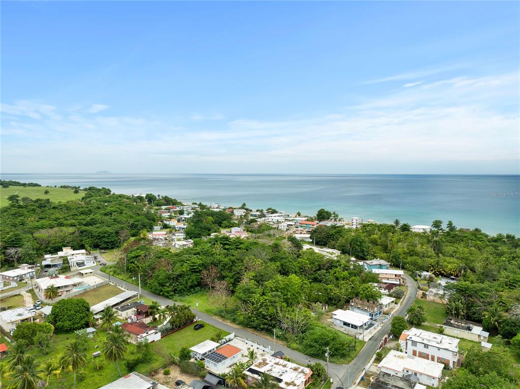 An aerial view shows a coastal neighborhood with houses nestled among trees near the ocean — PR-442 CORNER MUNICIPAL STREET, AGUADA, PR
