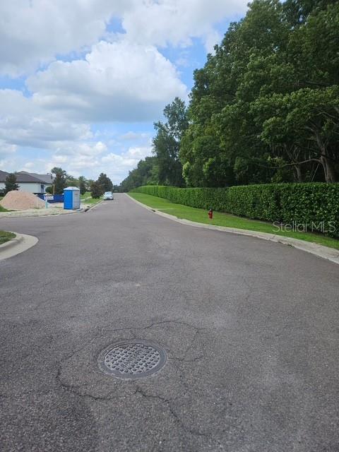 A paved residential street features a manhole cover, a fire hydrant, and a portable toilet — 26116 ESTATES RIDGE DRIVE, SORRENTO, FL
