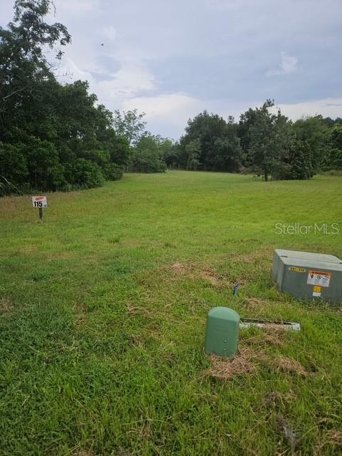 A grassy, vacant lot features a utility box and a small sign marked 115 — 26116 ESTATES RIDGE DRIVE, SORRENTO, FL