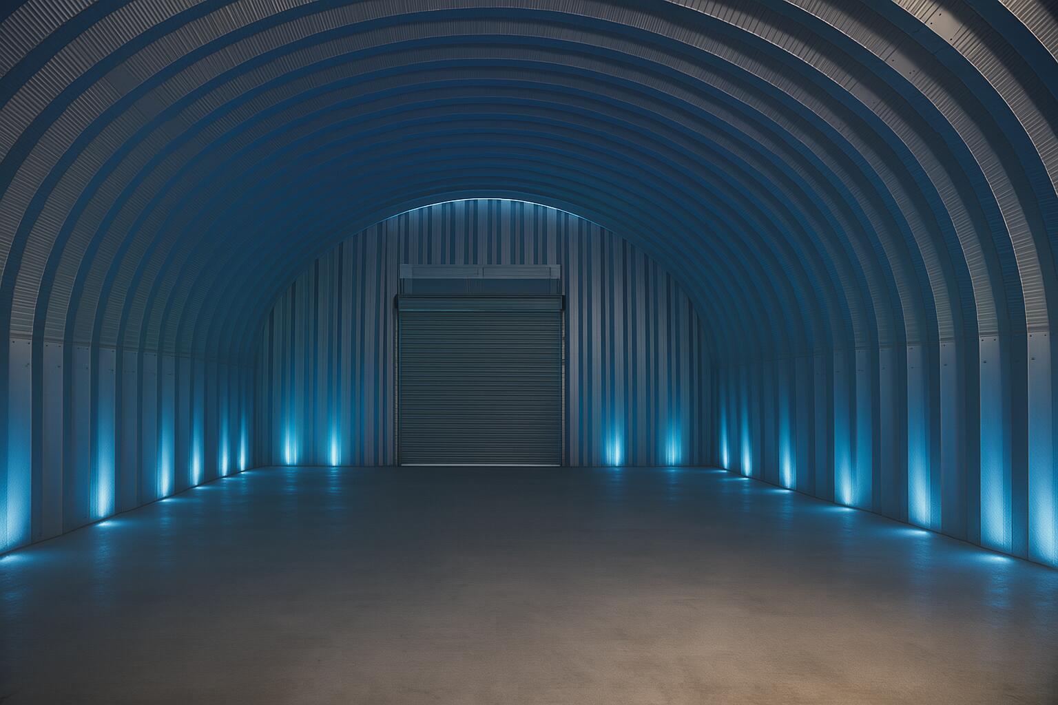 This rendering shows an empty arched metal warehouse interior with blue floor-level accent lighting — 24770 SW 95th Street, FL 34956, FL