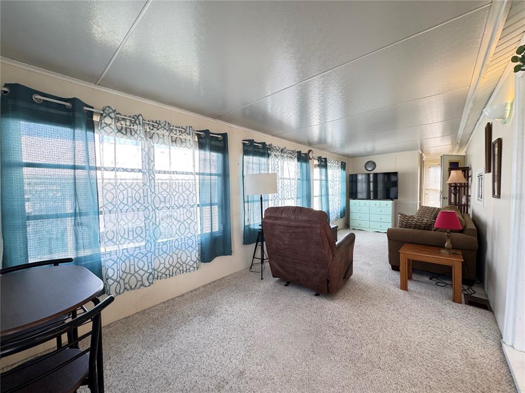 A living room features carpeted floors, a brown recliner, a sofa, and blue patterned curtains — 35114 GARBER LANE, ZEPHYRHILLS, FL