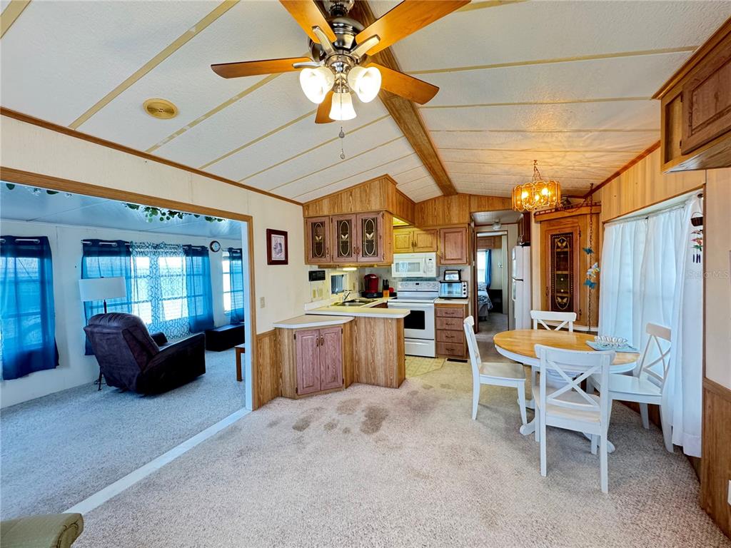 A kitchen and dining area with wood cabinets, a ceiling fan, and carpeted flooring — 35114 GARBER LANE, ZEPHYRHILLS, FL