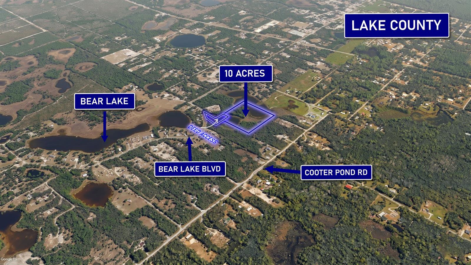 An aerial map shows a 10-acre property near Bear Lake and Cooter Pond Road — 0000 Bear Lake, Deland FL 32720, DELAND, FL