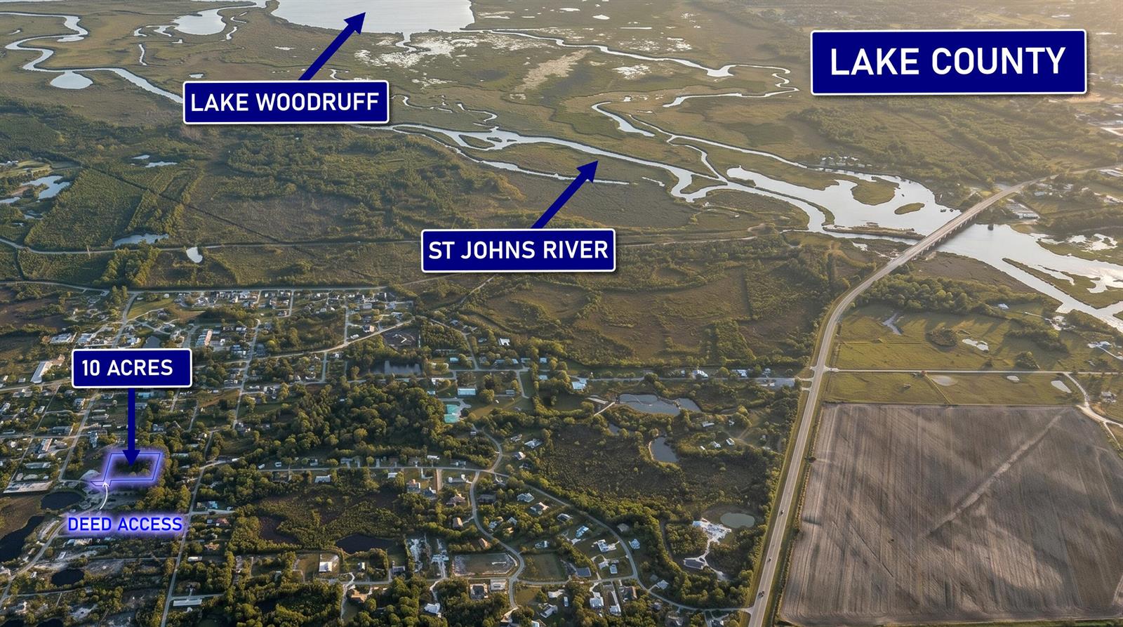 An aerial map shows a ten-acre property near the St. Johns River and Lake Woodruff — 0000 Bear Lake, Deland FL 32720, DELAND, FL